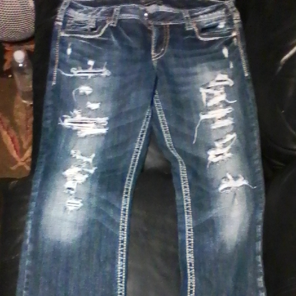 Silver Jeans Women's Distressed Dark Blue Straight Leg Jeans